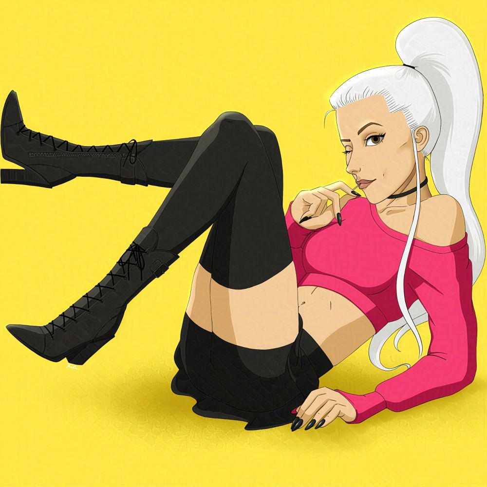 Portrait pinup drawing of a young woman with white hair wearing short shorts, tall boots and a pink sweater. Lounges back, winking at the camera with a lolipop stick coming out of her mouth, giving the viewer a sense of mystery and quirkiness.