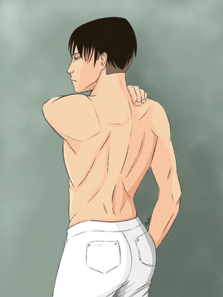A shirtless, dark-haired man wearing white pants stands against a soft green background with his back to the viewer. His left arm is raised with his hand on the opposite shoulder to show a clear view of his chiseled back muscles. He looks to the left, his expression, stoic, disinterested. The white of the pants emphasizes his defined rear-end.