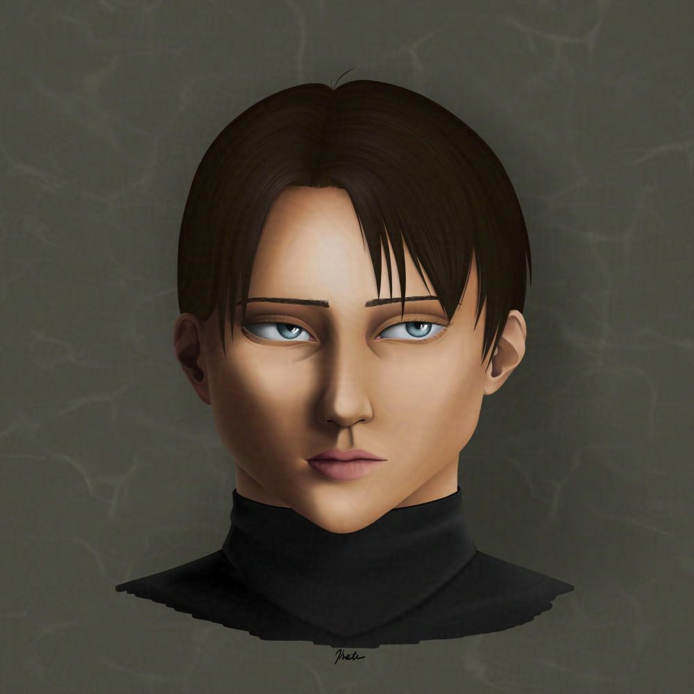 Digital portrait painting of a young man with straight dark hair, light skin and pale blue eyes. He faces the camera, but looks toward the right side of the frame. He also wears a black turtleneck and neutral expression. The lighting is heavily contrasted from bright on the right side of the image to dark on the left. The coloring style is realistic in nature.