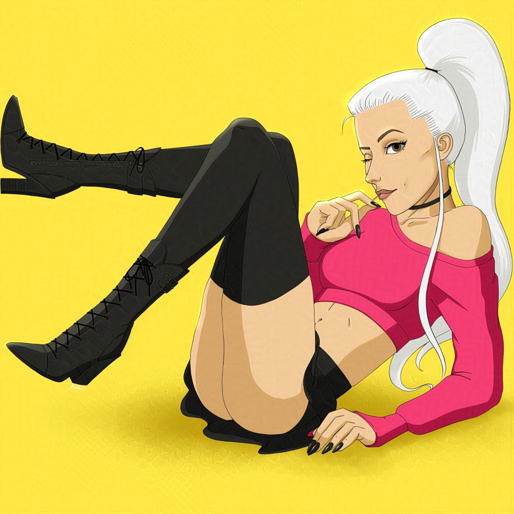 Portrait pinup drawing of a young woman with white hair wearing a mini skirt, tall boots and a pink sweater. Lounges back, winking at the camera with a lolipop stick coming out of her mouth, giving the viewer a sense of mystery and quirkiness.