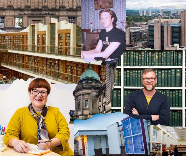 A collage of images of Damian Barr and Louise Welsh and the various libraries from their lives, inlcuding the Mitchell Library, Glasgow University Library and Motherwell Library.