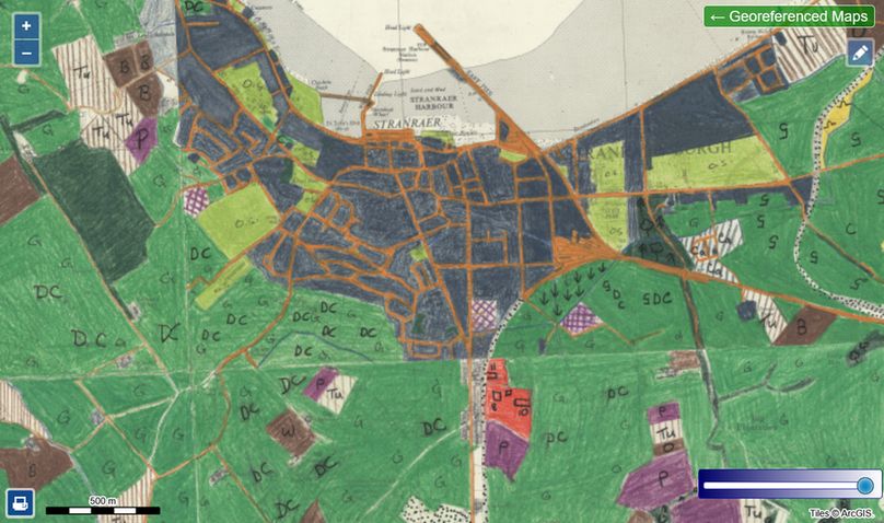 detail showing Stranraer from 2nd Land Utilisation Survey of Great Britain, map coloured to show types of land use.