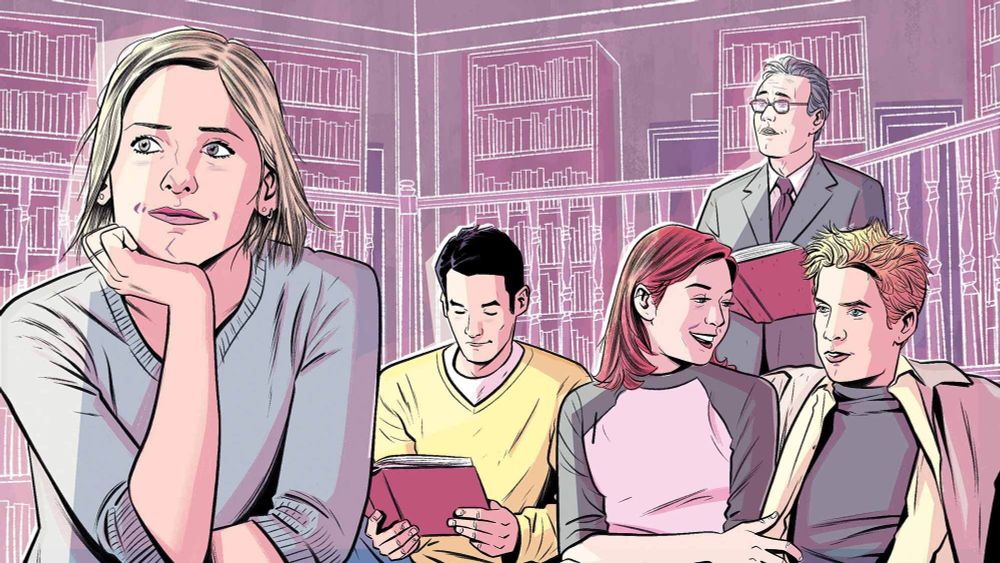 A graphic-style illustration of the Scooby Gang in the library in 'Buffy the Vampire Slayer'.