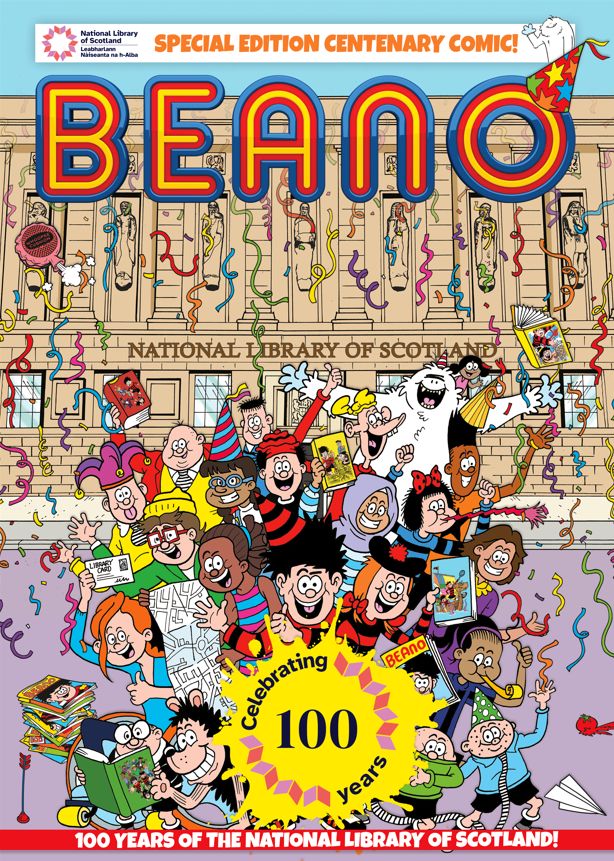 The front cover of the special centenary edition comic by Beano. Showing the Bash Street Kids bursting out of the front of the National Library of Scotland.