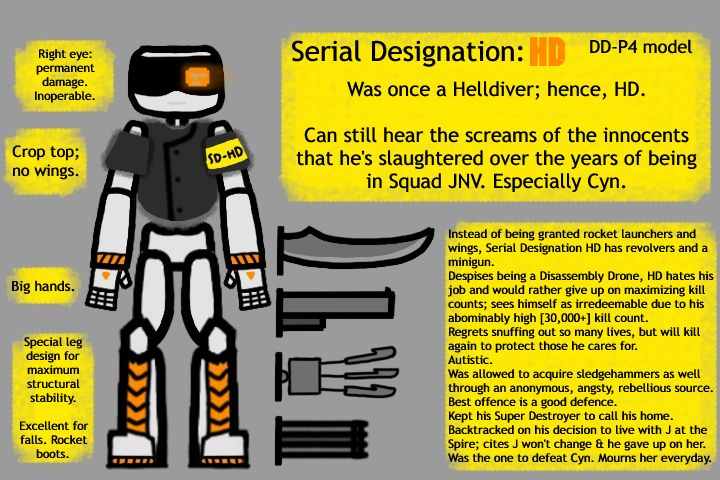 Serial Designation HD's character sheet, featuring his updated warning stripe colors and lore. There is plenty of text, described here from top-down, left-right fashion.

Box one: Right eye: permanent damage. Inoperable.
Box two: Crop top: no wings.
Box three: Big hands.
Box four: Special leg design for maximum structural stability. Excellent for falls. Rocket boots.

Box five:
Serial Designation: HD; DD-P4 model
Was once a Helldiver; hence, HD.
Can still hear the screams of the innocents that he's slaughtered of the years of being in Squad JNV. Especially Cyn.

Box six is the largest, with the most lore packed into one space. It reads:
Instead ofbeing granted rocket launchers and wings, Serial Designation HD has revolvers and a minigun.
Despite being a Disassembly Drone, HD hates his job and would rather give up on maximizing kill counts; sees himself as irredeemable due to his abominably high [30,000+] kill count.
Regrets snuffing out so many lives, but will kill again to protect those he cares for.
Autistic.
Was allowed to acquire sledgehammers as well through an anonymous, angsty, rebellious source.
Best offense is a good defense.
Kept his Super Destroyer to call his home.
Backtracked on his decision to live with J at the Spire; cites J won't change & he gave up on her.
Was the one to defeat Cyn. Mourns her everyday.

Also featured: an incomplete list of Serial Designation HD's weapons, placed between him and Box 6, under Box 5. Included are a sword, an oversized revolver barrel, a three-pronged claw hand, and his minigun.

Long alt text. Sorry not sorry.