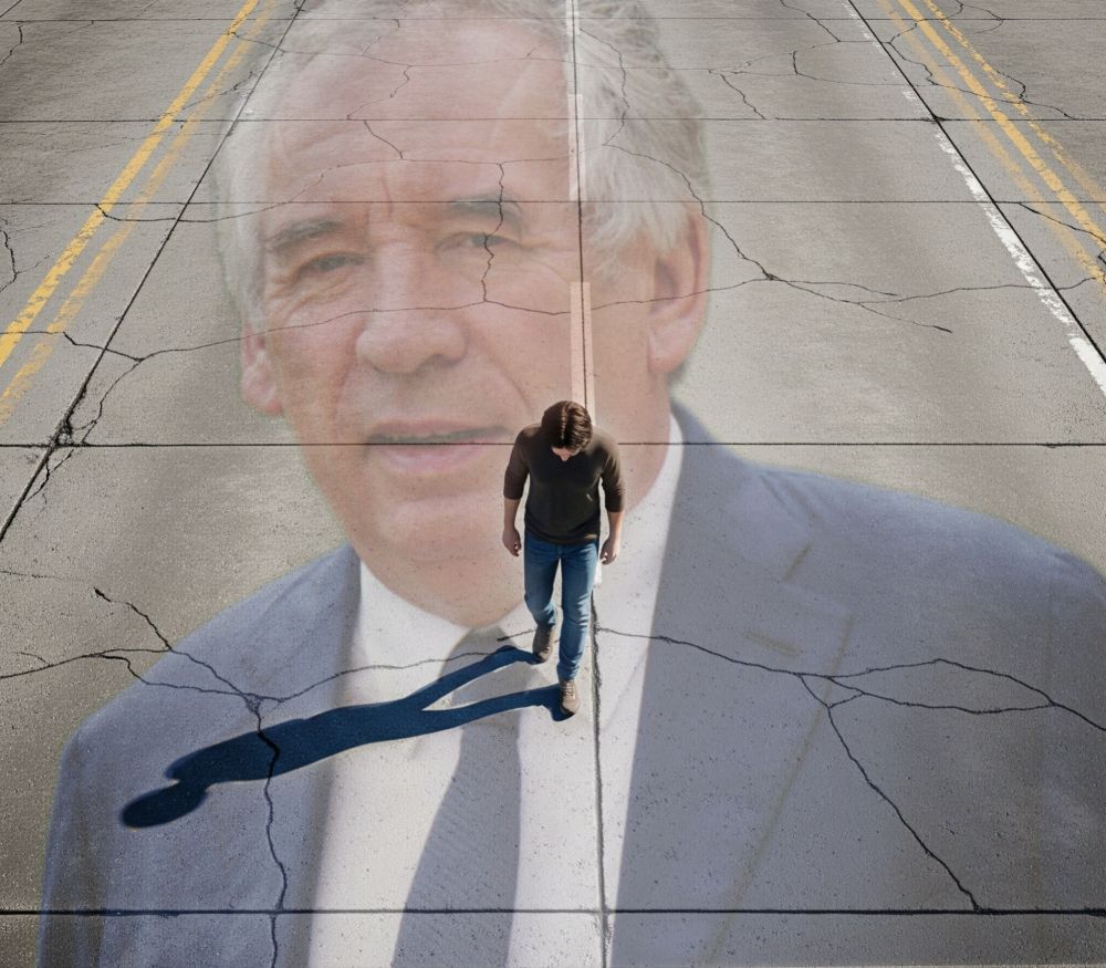 Un homme vu de haut qui marche sur une route avec la tronche de Bayrou dessus 