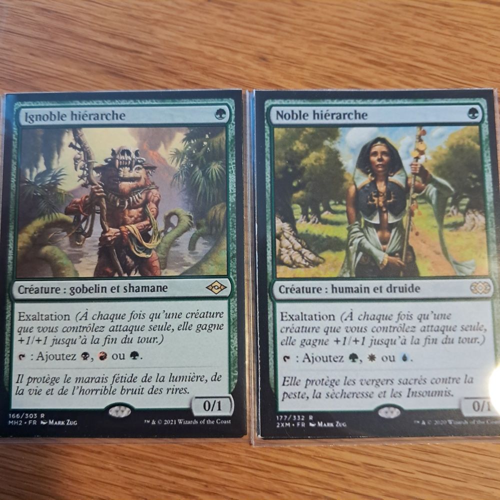 Deux cartes Magic the gathering qui partagent des similitudes tant dans leur nom que dans le texte d'ambiance. Ignoble hiérarche et Noble hiérarche 