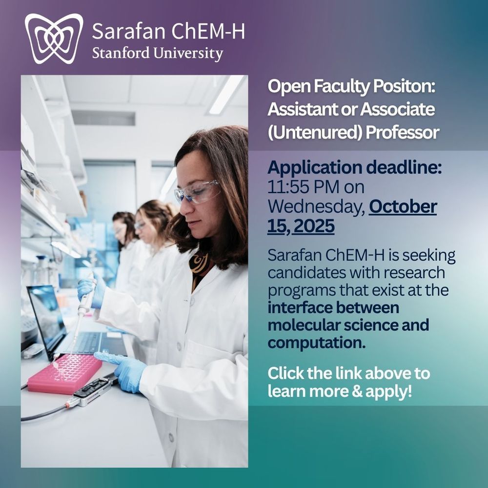 Open Faculty Position: Assistant or Associate (Untenured) Professor 

Application deadline: 11:55 PM on Wednesday, October 15, 2025

Sarafan ChEM-H is seeking candidates with research programs that exist at the interface between molecular science and computation.  

Click the link above to learn more & apply!