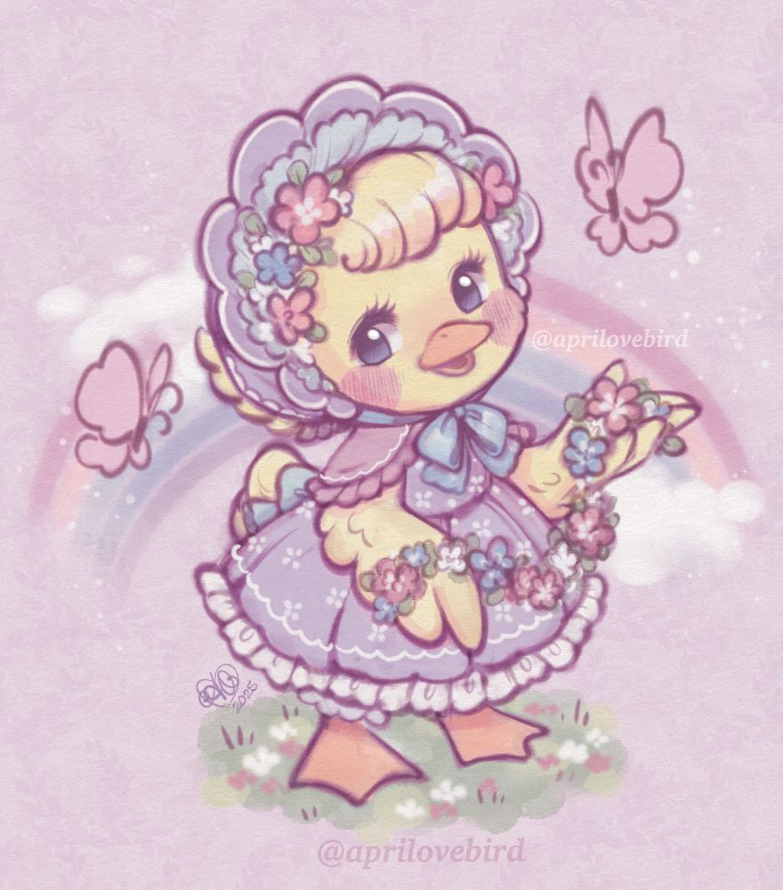 Illustration of a yellow duckling wearing a ruffle trim lavender dress and bonnet, holding a chain of pink and blue flowers. There’s two pink butterflies next to them and a rainbow behind them