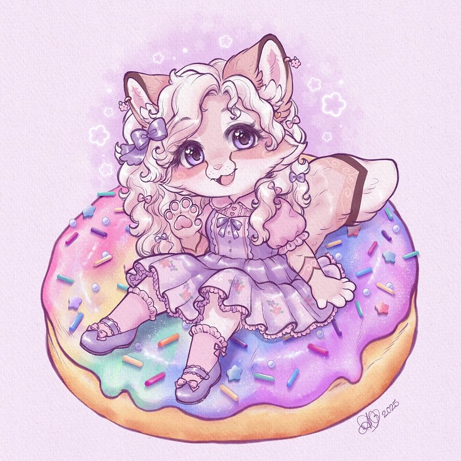 Cute anthro OC wearing a lilac and pink lolita fashion outfit sitting on a giant rainbow donut with colored sprinkles
