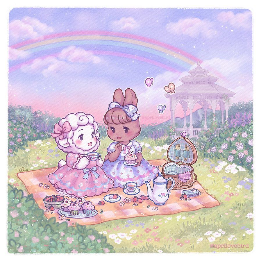 Illustration of a sheep & bunny having a picnic date in a meadow with a gazebo in the background. There’s flowers everywhere, and the picnic has tea, cupcakes & strawberries. The characters are wearing pastel floral dresses and some little round butterflies have caught the sheep’s attention.
