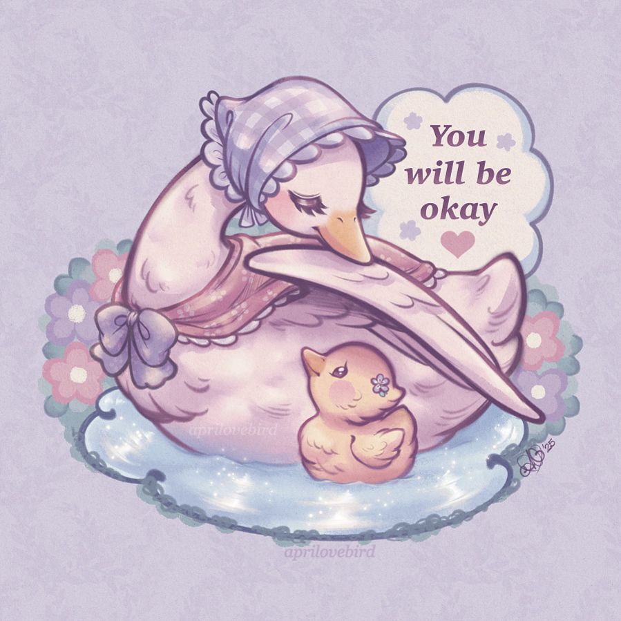 Muted pastel color illustration of a mother duck wearing a bonnet & shawl spreading her wing over her baby duck in the water. The water has sparkles and there’s pink and lilac flowers behind them.