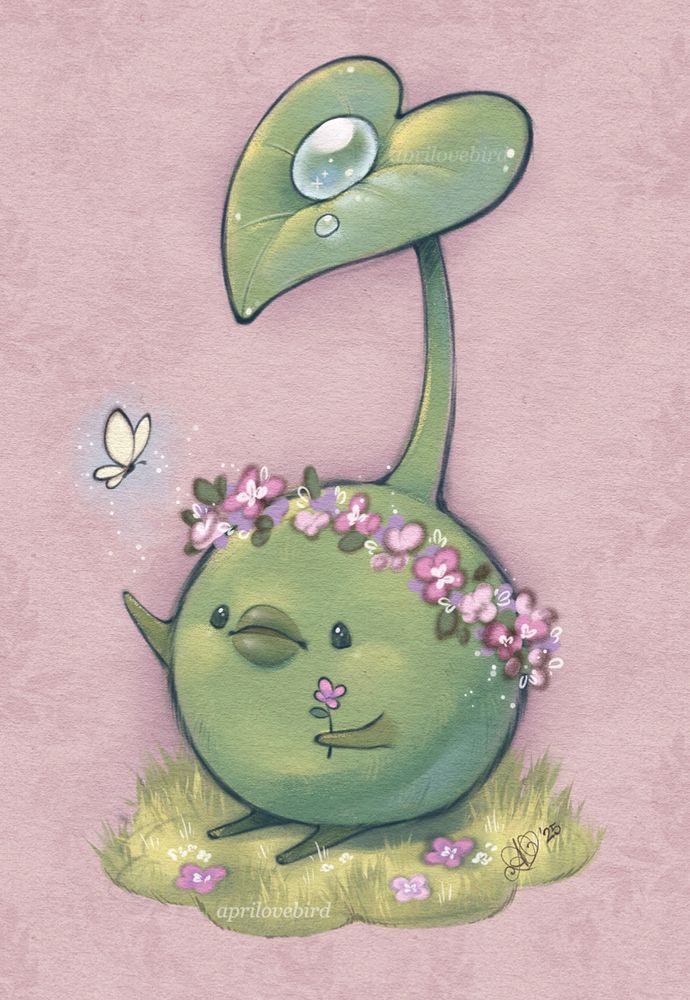 Little sprout creature with a dewdrop on its leaf sitting down wearing a flower crown, holding a single flower, looking up at a little white butterfly 