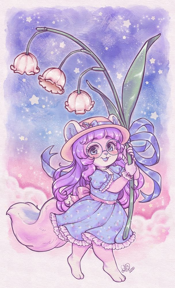 Anthropomorphic pink skunk in a blue floral sundress and sunhat holding a giant lily of the valley flower against a starry sky background