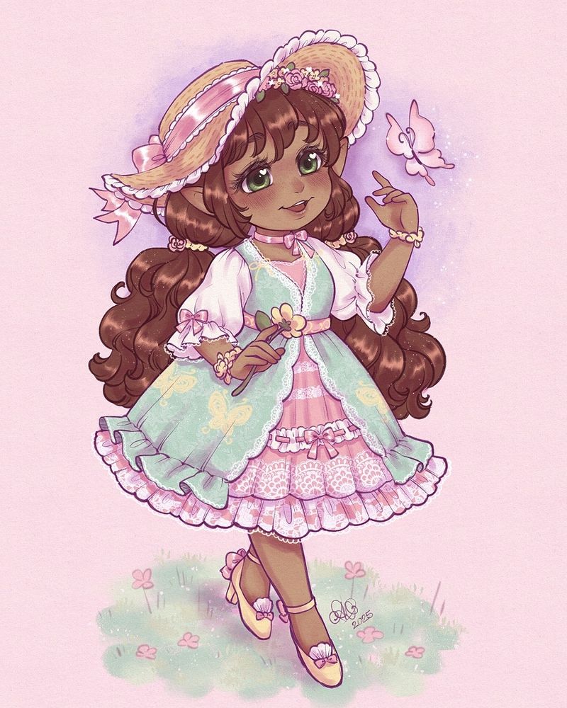 Drawing of a girl with elven ears wearing a pastel lace dress & sunhat. She’s holding a flower in one hand and looking up at a pinkish butterfly in front of her