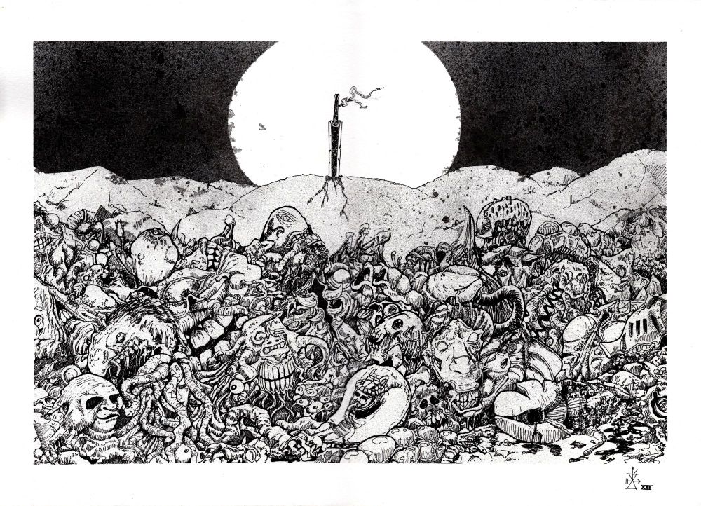 Dessin à l'encre format A3. Hommage à Kentarō Miura. L'épée de Guts sur un fond de lune et dessin détaillé des corps d'apôtres du mange.