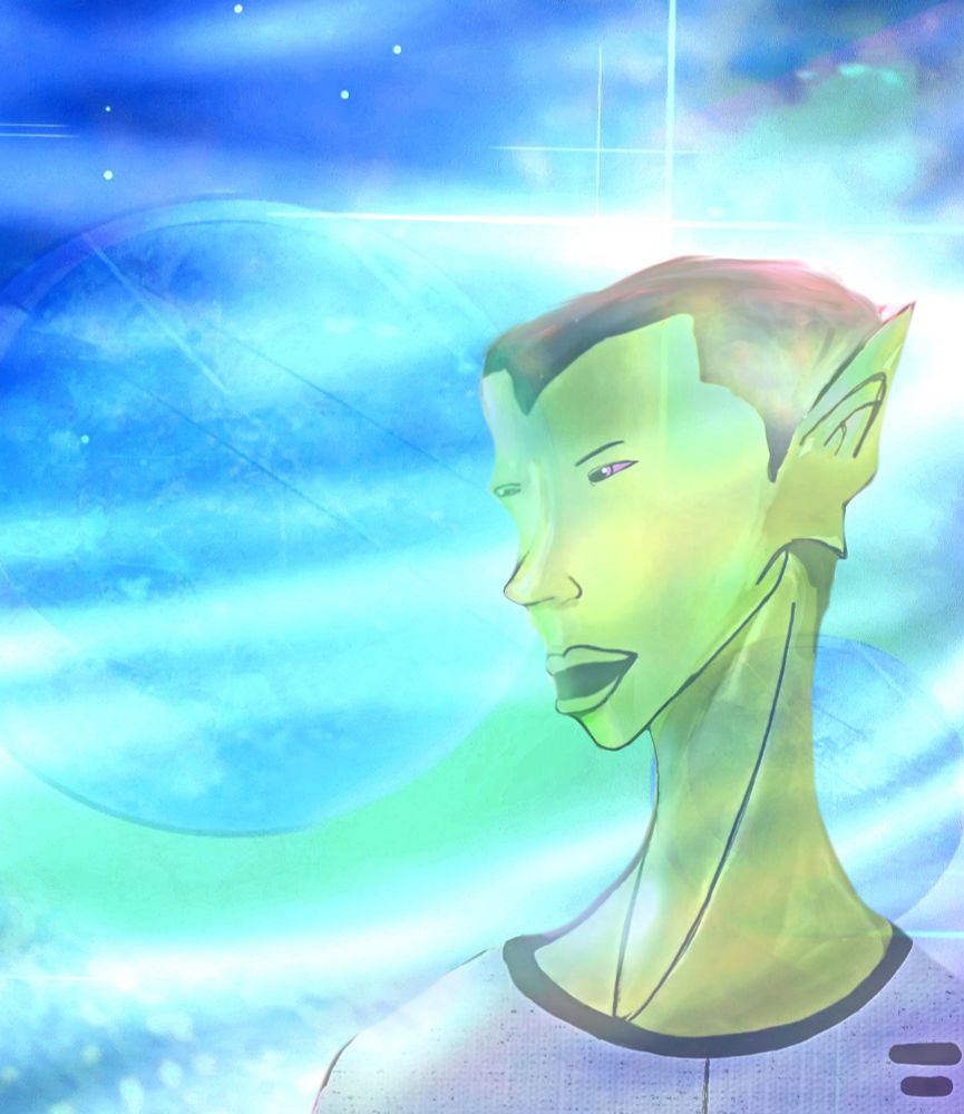 An alien astronaut youth admires the cosmos around him.