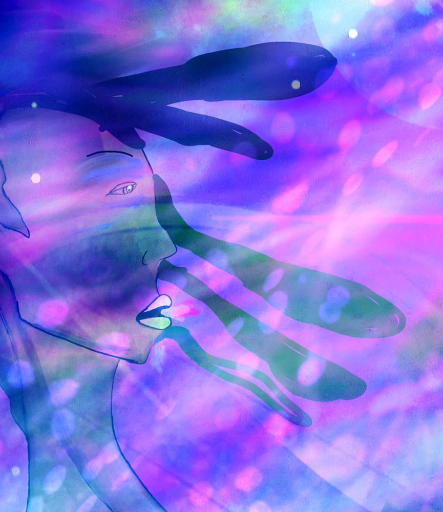 Her hair flows in the cosmos. She free, relaxed.