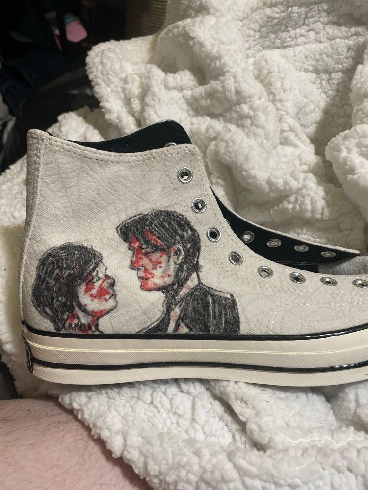 white converse with a spiderweb pattern, with the Three Cheers for Sweet Revenge lovers drawn on