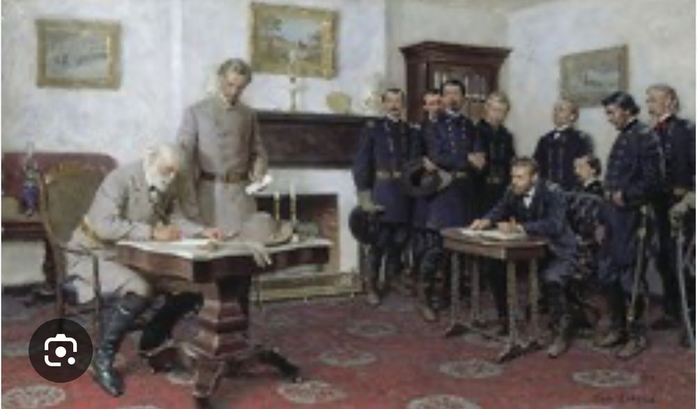 Lee surrendering to Grant at Appomattox Court House. 