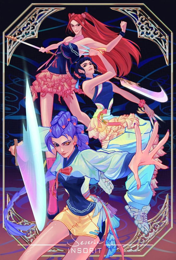 An artwork of huntris trio with their weapons attacking, first Rumi, behind her Zoey, and then Mira. All dressed in a hanbok inspired clothes of bright colors, with their norigae attached, and adorned with peach blossom flowers. Also the demon eye of Rumi is visible