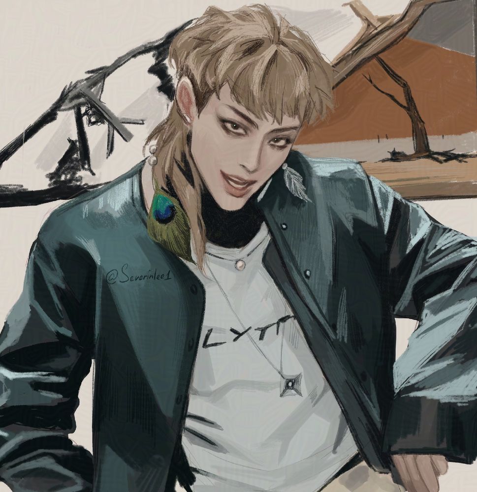 A fanart of Say my Name Hongjoong with mullet and a peacock feather 
