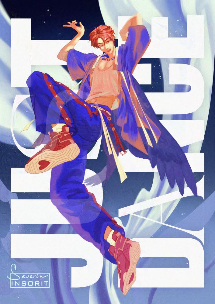 Hoseok dancing in modern blue hanbok with red and ivory elements. He has red hair, dark blue wings, ivory tank top and red sneakers with heart shapes on the soles. There's sky and words "Just Dance" on the background