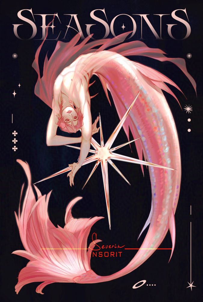 A picture of a merman with pink hair and pink tail with some iridescent scales in a pose that seems like stretching out. He has flowers in his hair and a seaweed-like scarf that's also glowing pink. In the center there is a big iridescent star and the frame is surrounded by small symbols with SeaSons written on top. All on textured dark blue background