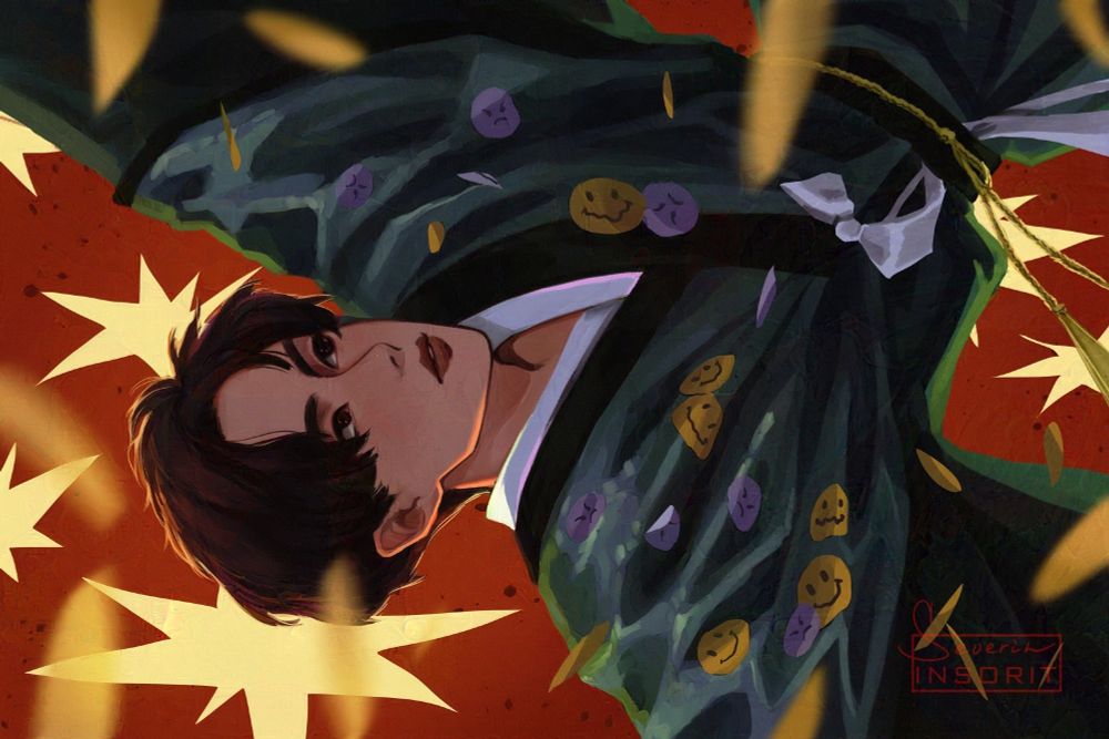 Dark haired Hoseok is falling back floating among the yellow stars in the red background. He's clad in green hanbok, and covered in angry and happy emoji stickers, which are flying away as he falls