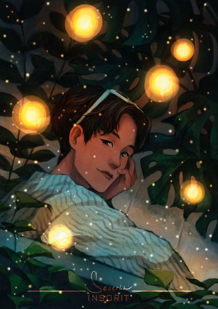 Hoseok sitting among the tiles surrounded by lots of monstera plants and other greens. He's in white striped shirt and white sunglasses on his head. There are a lot of little lights floating around him, which would represent army, and six big lights, which would represent the rest of bts members