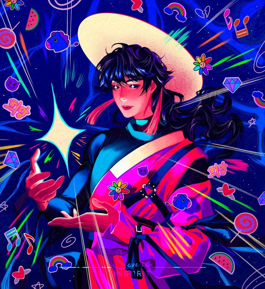 Long haired Hoseok in black and magenta hanbok variation is holding a star, which is bursting with different stickers and emojis. Hoseok's eyes are also stars, and there's deep blue water background.