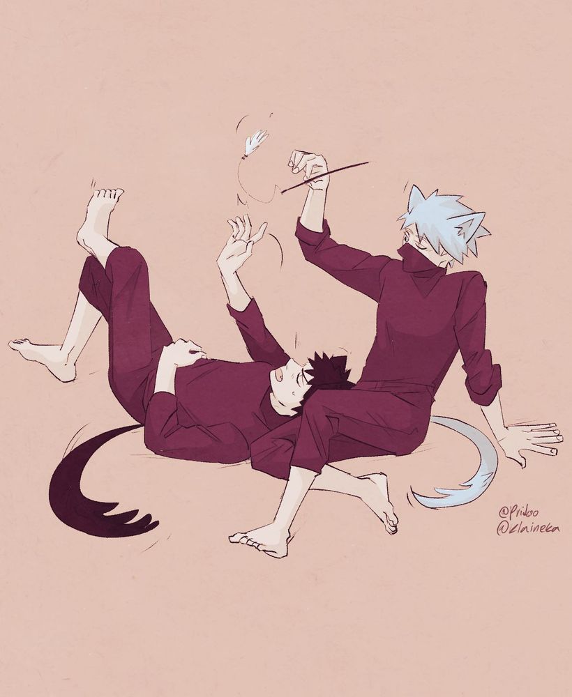 obito and Kakashi as catboys (tails and cat ears). kakashi is teasing obito with a cat toy playfully while Obito lies on his lap.