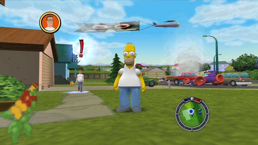 A screenshot from a Heavily modified simpsons hit & run showing Hank Hill and Red mist squidward on the banner of the airplane