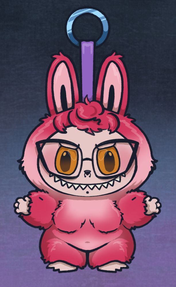 Ember as a pink Labubu with labuboobs and cat eye glasses.