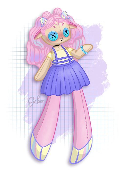 Illustration of Meri Lamb as a doll with long legs, button eyes, pink hair and a purple and yellow dress.