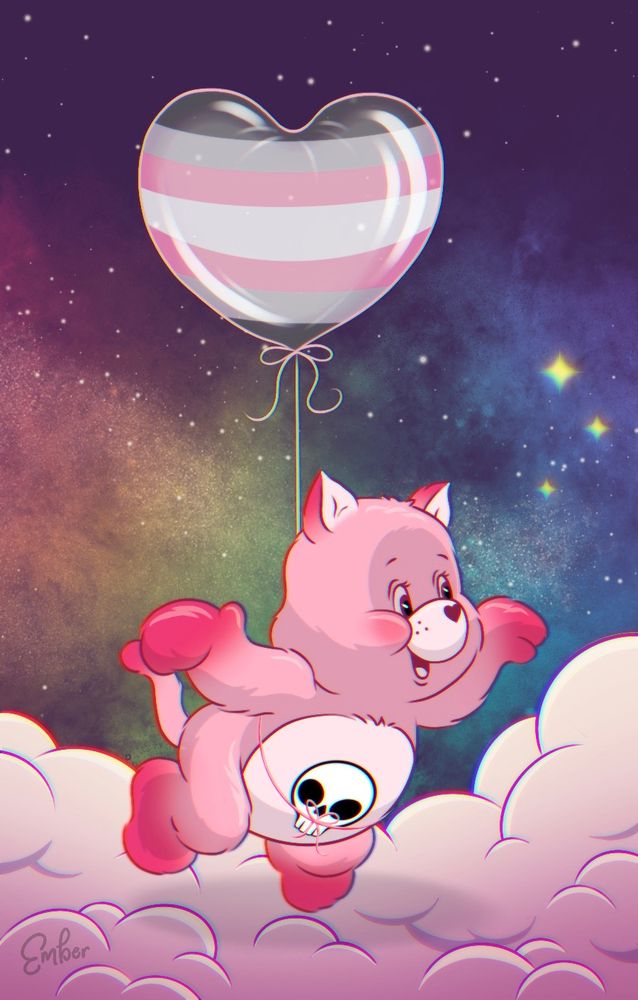 A pink cartoon cat with a smiling face and a skull symbol on it's belly, is floating above clouds. There is a heart shaped balloon tied to it's waist. The balloon has a demigirl pride flag pattern. The background is a soft rainbow colored galaxy.