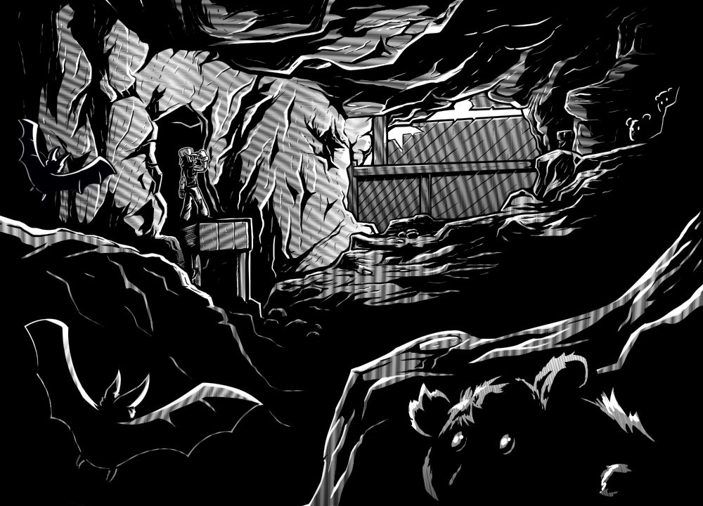 Monochromatic fan art depicting Cave Story's first area