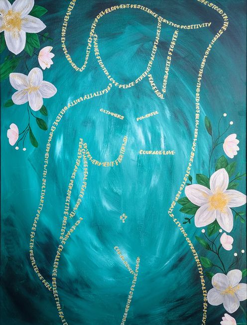 A painting with a blue background. In the top left and lower right corners pink flowers grow out from the sides. In the centre is the outline of a person, showing a mastectomy scar on their left. The lines making up the person are formed of words describing the feelings and experiences of the artist, a participant in the project. 