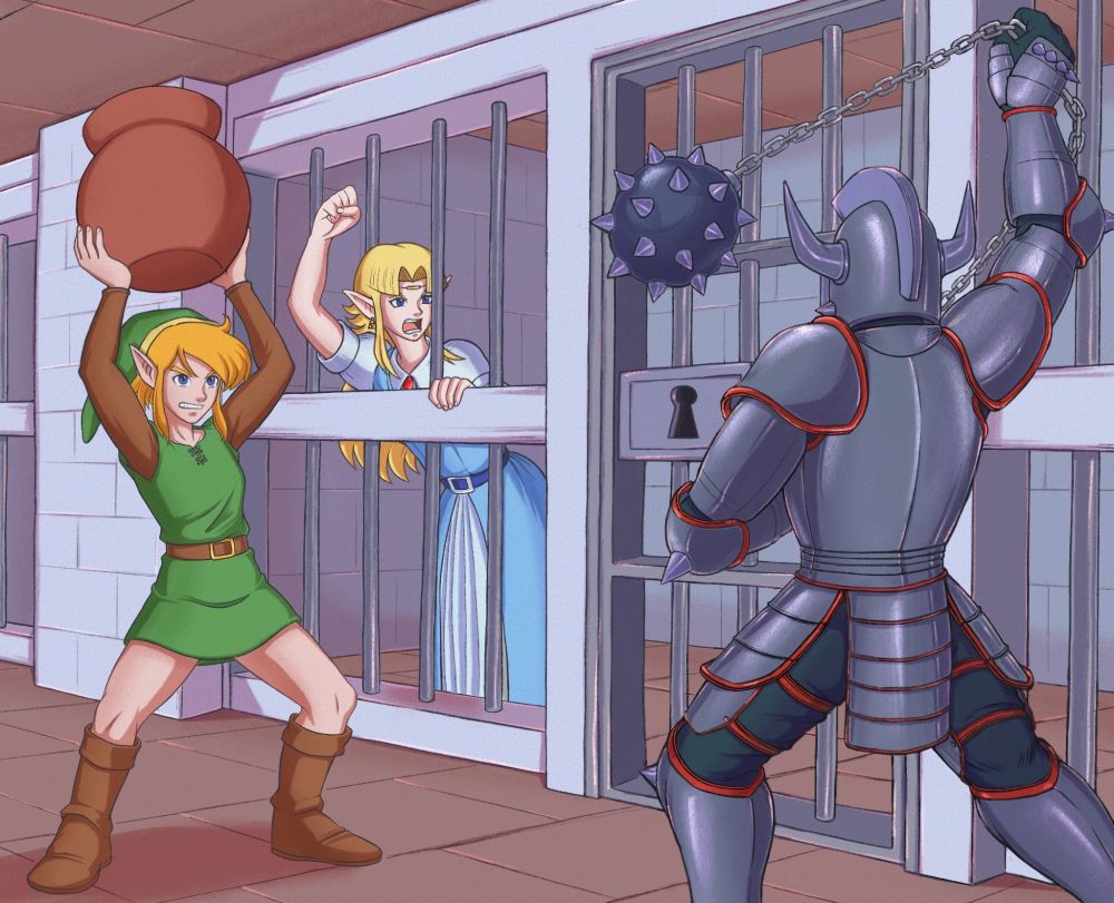 drawing of the fight with the ball and chain trooper in legend of zelda a link to the past