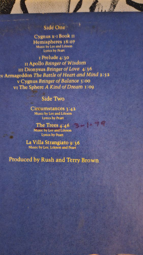 track listing for Hemispheres, with the song title 'The Trees' underlined in red ink and 3-1-79 written next to it.