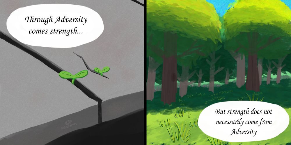 A 2 panel digital painting. The first panel is a plant growing through concrete, captioned 