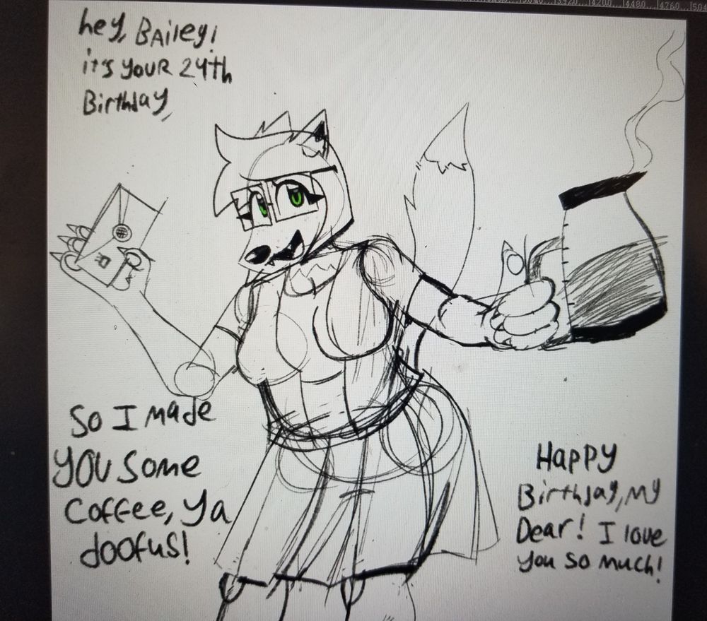 Olivia von Wolfenschmidt offers Bailey Wolf Pawthorne coffee. She says: "Hey Bailey, it's your 24th birthday, So I made you some coffee, ya doofus! Happy Birthday, My Dear! I love you so much!"

She is holding a coffee pitcher in one hand and a birthday letter in another 