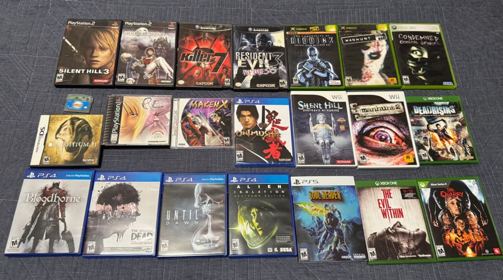 Silent Hill 3 (got about 2/3 through and never finished), Shadow Hearts (never played), Killer7 (barely played), RE3 (never played), Chronicles of Riddick (never played), Manhunt (barely played), Condemed Criminal Origins(never played), Boktai (played so long ago I don't remember anything), Dementium 2 (never played), Parasite Eve (played the intro, also have the book which I haven't read), Maken X (got about 1/2 through 10 years ago), Onimusha (it's still sealed so guess), Silent Hill Shattered Memories (beat years ago and loved), Manhunt 2 (never played), Dead Rising (tried multiple times to get in to and couldn't), Bloodborne (beat years ago but didn't play DLC), Telltale Walking Dead (beat only E1 when it came out) , Until Dawn (beat when it came out and loved it), Alien Isolation (got about 3/4 though before being distracted by a shiny object), Legacy of Kain Soul Reaver (played a lot of on DC years ago and barely remember), The Evil Within (tried when it came out and hated), The Quarry (never played)