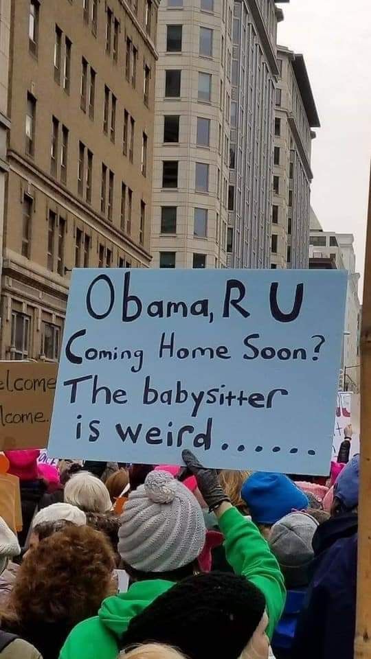 Protester holding a sign that says Obama. Are you coming home soon? The babysitter is weird