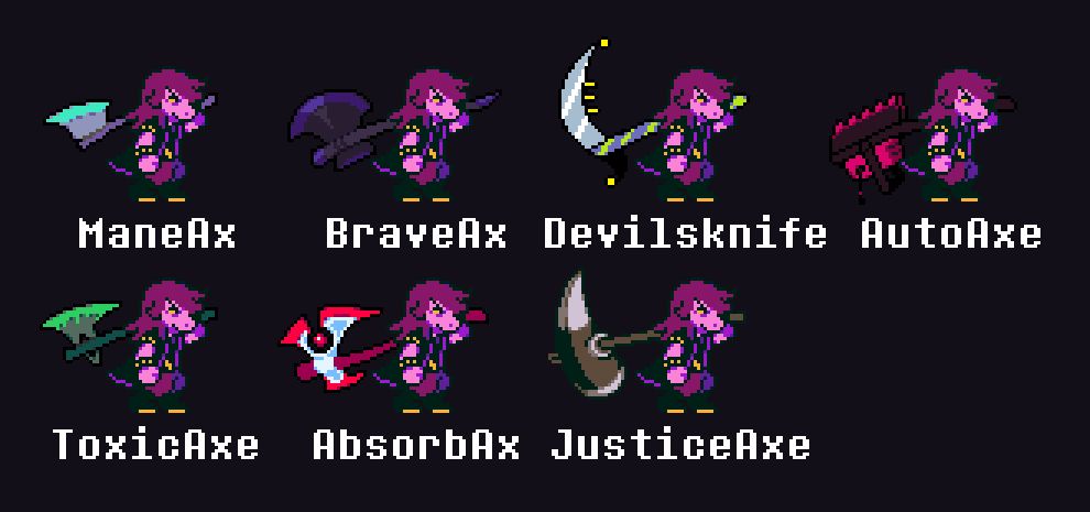 multiple sprites of the character susie from deltarune, holding various weapons that she can get as the game progresses