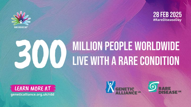 A colorful background with a gradient of blue, purple, and pink hues. The text in the center reads '300 million live with a rare condition' The top left corner has the Rare Disease Day logo, which is a hand with multicolored fingers. The bottom left corner has a pink banner with the text 'Learn more at geneticalliance.org.uk/rdd.' The bottom right corner displays the logos of Genetic Alliance UK and Rare Disease UK.