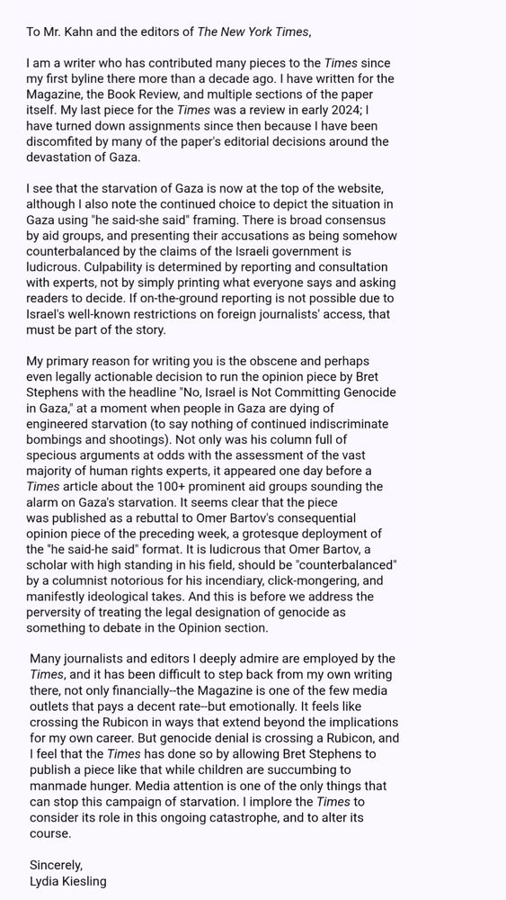 a scholar with high standing in his field, should be "counterbalanced" by a columnist notorious for his incendiary, click-mongering, and manifestly ideological takes. And this is before we address the perversity of treating the legal designation of genocide as something to debate in the Opinion section.
(Alt text continued in reply)
