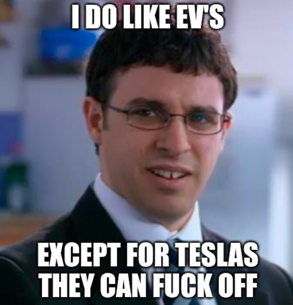 Meme: A play on the Inbetweeners' character Will. "I do like EV's. Except Tesla's, they can fuck off."