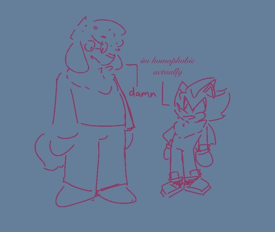 a sketch of our fursona cookie talking to shadow the hedgehog. 
shadow: im homophobic actually
cookie: damn