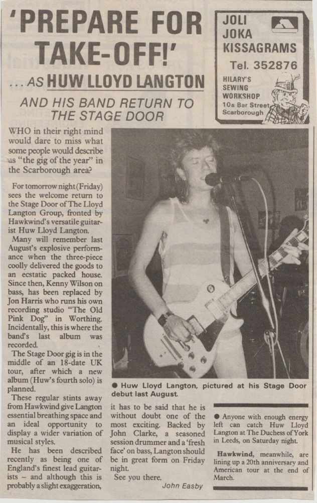 Huw Lloyd Langton press cutting of Scarborough LLG gig from 88/89
